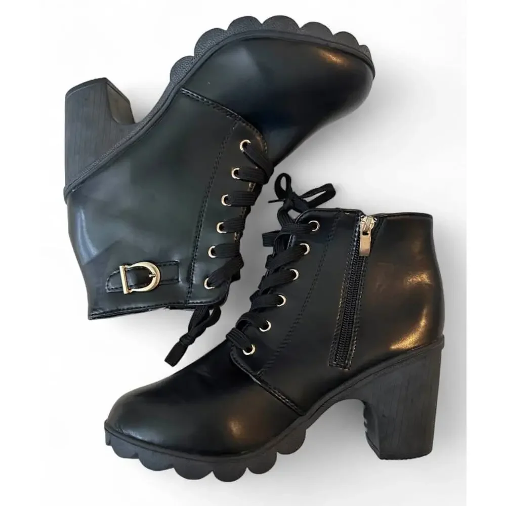 Black Faux Leather Lace-Up Chunky Heel Ankle Boots 9.5